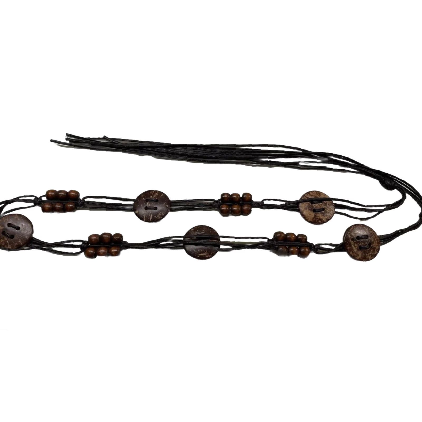 Vintage WOMENS Bohemian Black Tie Belt with Braided Beaded Wood Charm Medallion, One Size, Skinny Size ONE SIZE - 2 Thumbnail