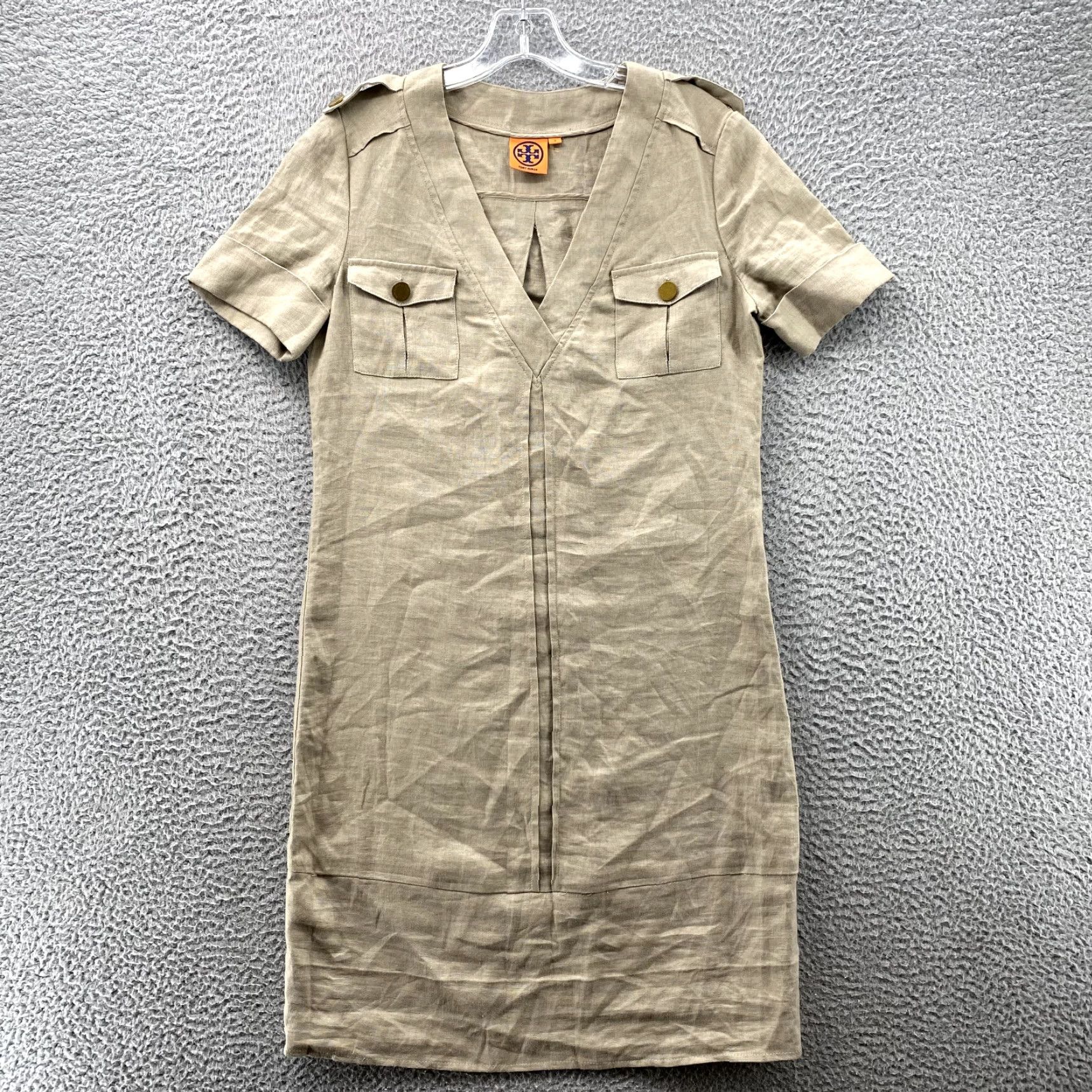 Tory Burch Tory Burch Dress Women's 2 Khaki V-Neck Linen Shift Classic core Safari Office Size XS / US 0-2 / IT 36-38 - 2 Thumbnail