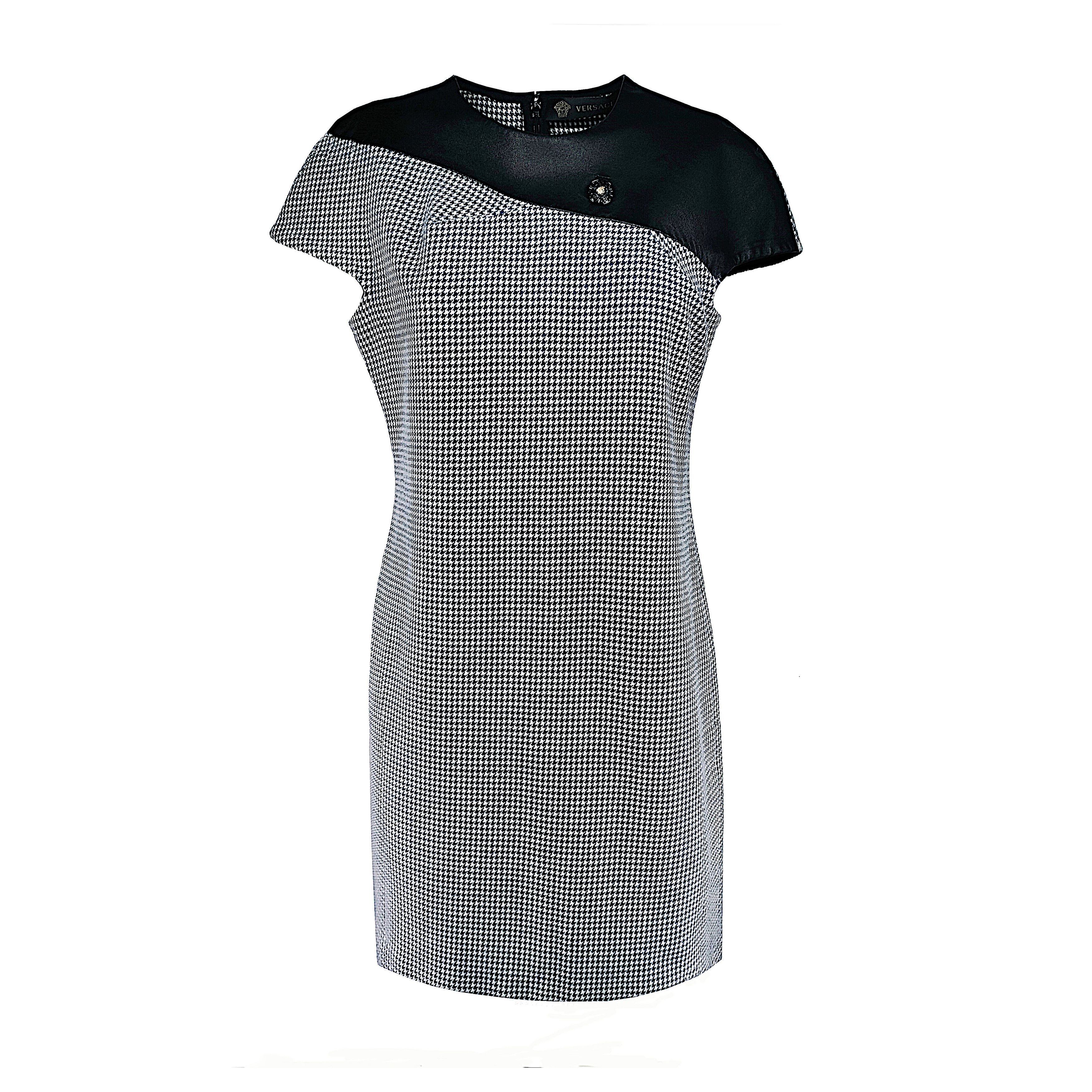 Versace Authentic FW2012 Houndstooth & Leather Shift Dress Size M / US 6-8 / IT 42-44 - 2 Thumbnail