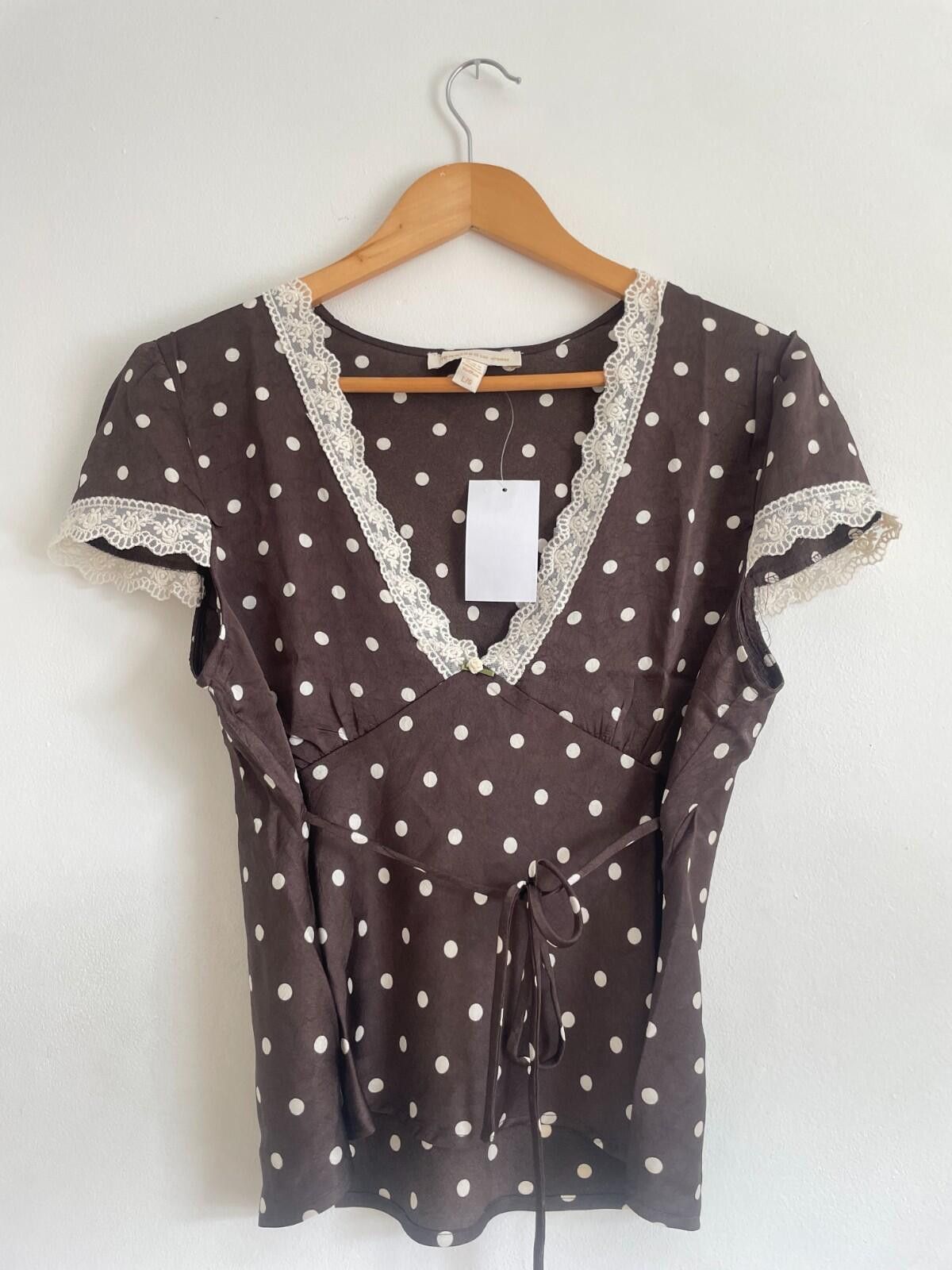 Other Monteau LA Brown Polka Dot Lace Trim Wrap Blouse BNWT L Size L / US 10 / IT 46 - 2 Thumbnail