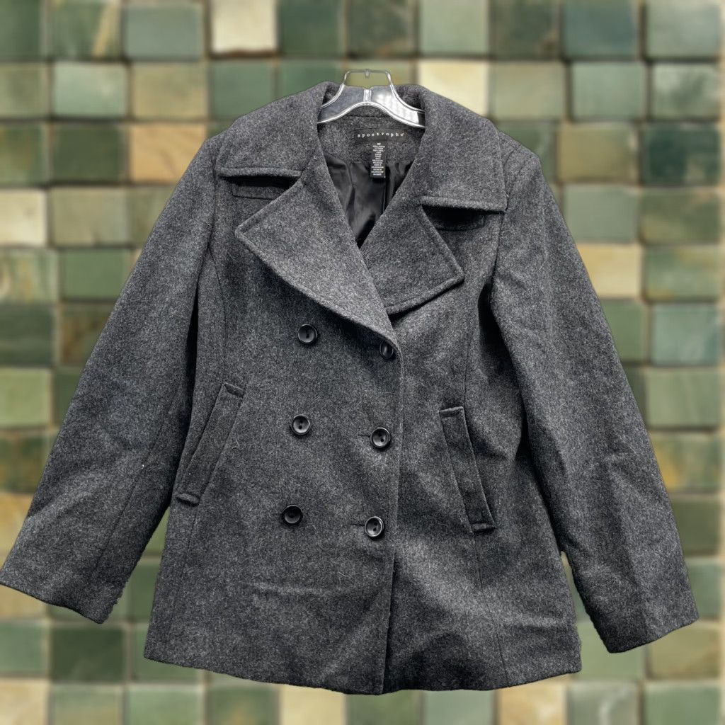 Apostrophe Wool Pea Coat Women’s Medium Double Breasted Gray 90s City Classic Office Coat