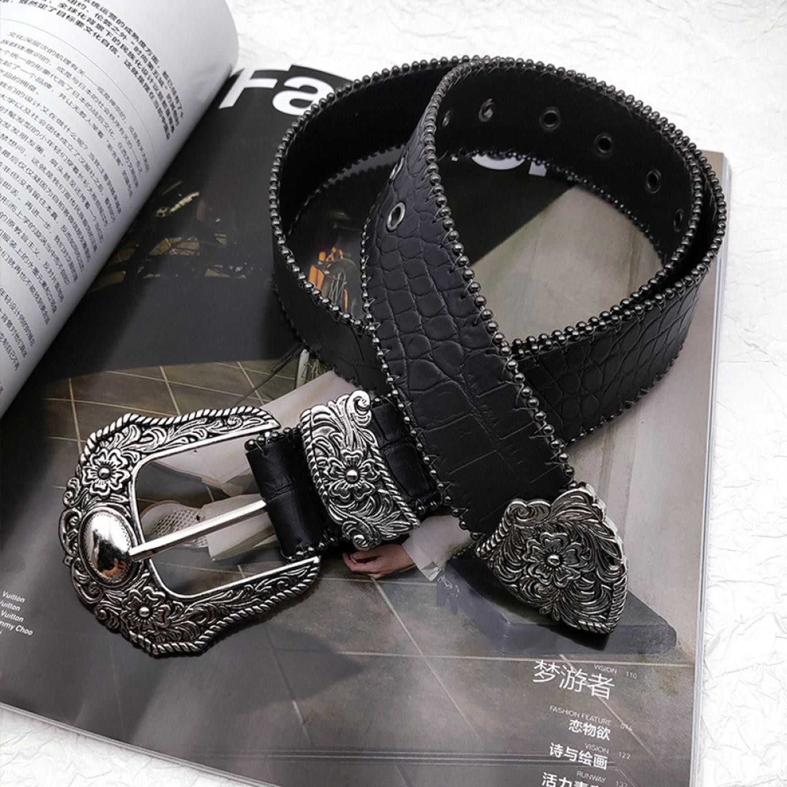 Vintage Black Crocodile Pattern Belt with Decorative Silver Buckle Size ONE SIZE - 2 Thumbnail