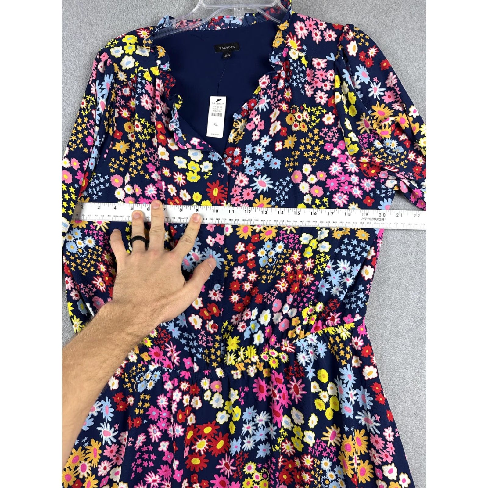Talbots Dress Womens XL Navy Multicolor Floral Fit & Flare V-Neck 3/4  Sleeve Lined - crrs.pl