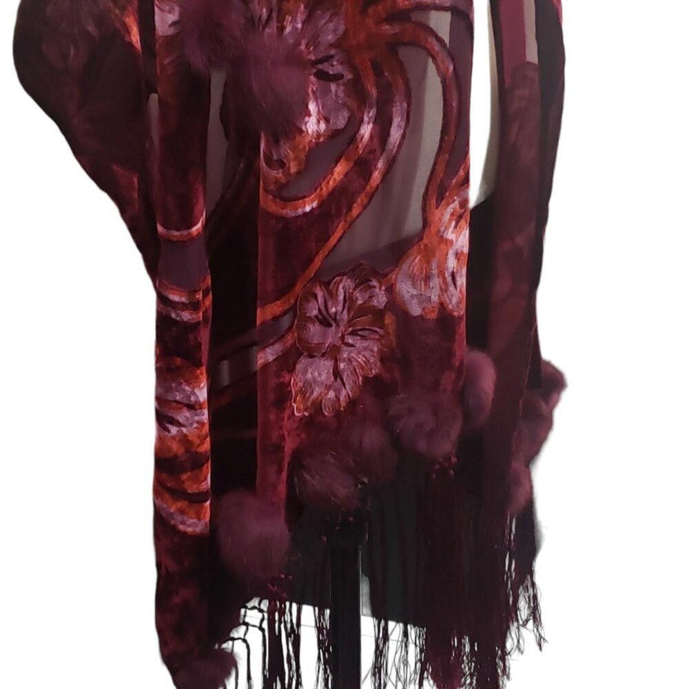 Designer CT1770 Red & Burgundy Wrap Fringed with Pom Poms Size ONE SIZE - 4 Thumbnail