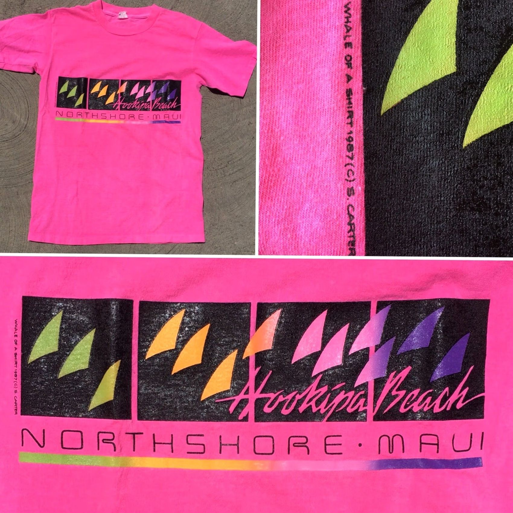 Vintage VINTAGE Hookipa Beach North Shore Maui Neon Graphics T-Shirt 1987 M Mens Short Sleeve 100% Cotton Pink Geometric 80s Graphic Tee Size US M / EU 48-50 / 2 - 5 Thumbnail