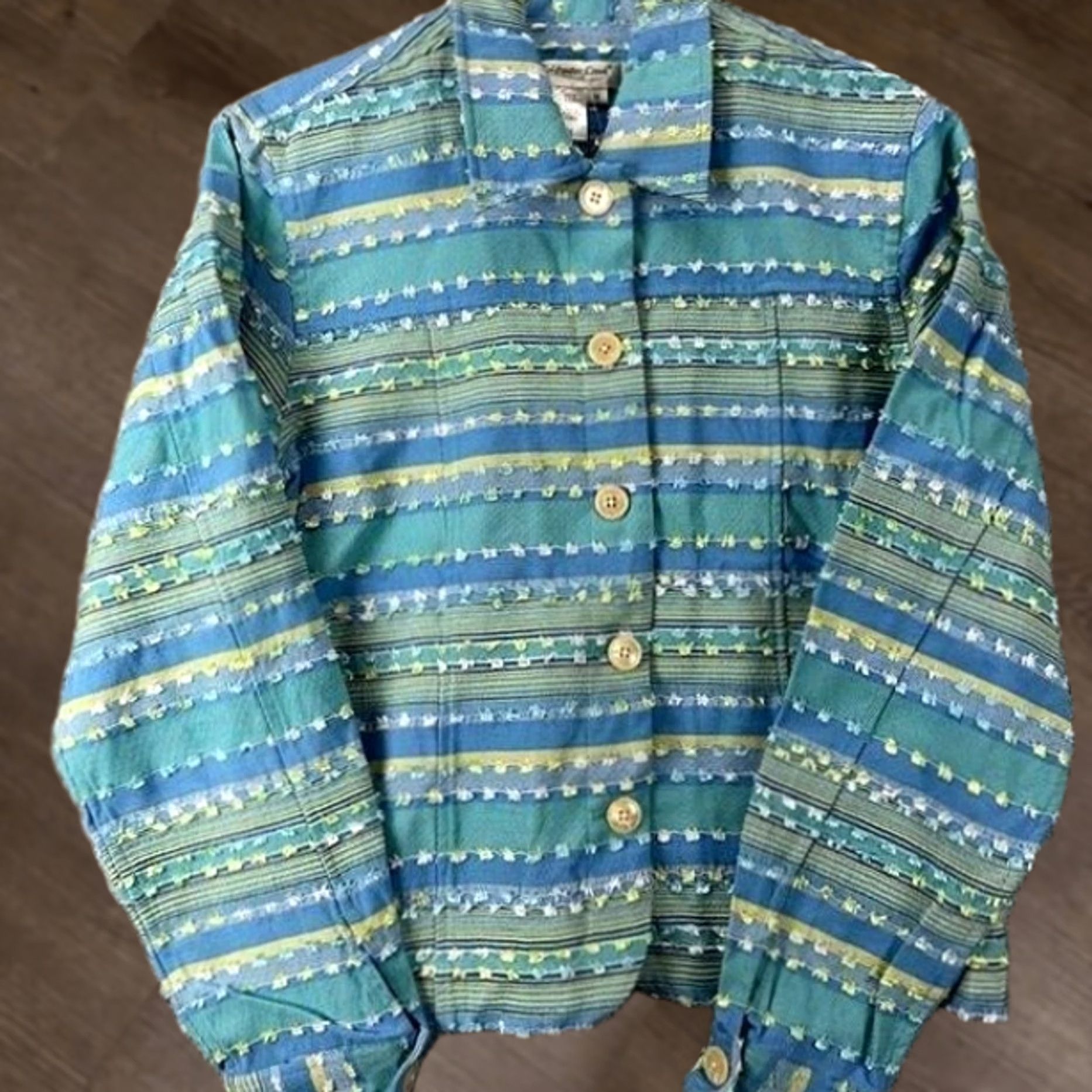Coldwater Creek COLIWATER CREEK jean jacket striped blue green collar button front casual womens M blue striped bohemian retro hippie casual long sleeve jacket Size 32" / US 10 / IT 46 - 1 Thumbnail