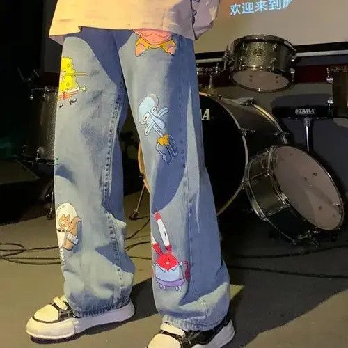 Designer Straight Cartoon Streetwear Jeans Sponge Bob Hip Hop Style Size US 30 / EU 46 - 1 Thumbnail