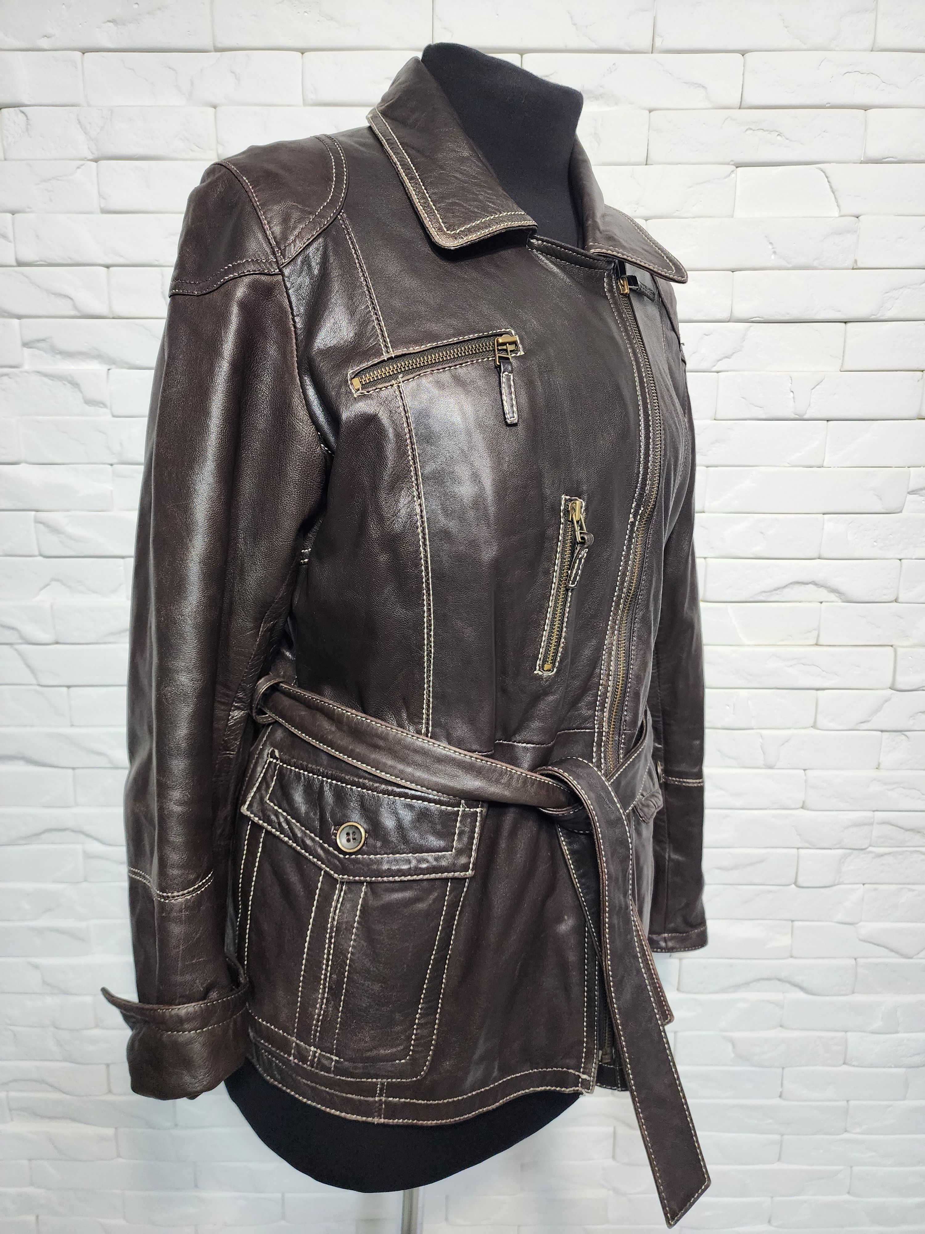 Designer Brown Leather Belted Jacket: Size L / US 10 / IT 46 - 2 Thumbnail