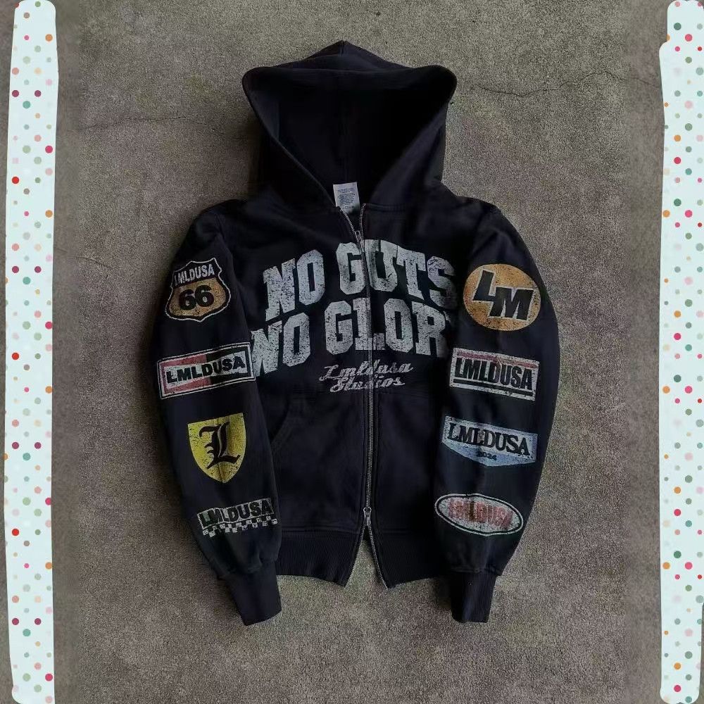 Vintage Y2K Moto Racing Patch Distressed Black Zip Hoodie Size US M / EU 48-50 / 2 - 1 Thumbnail