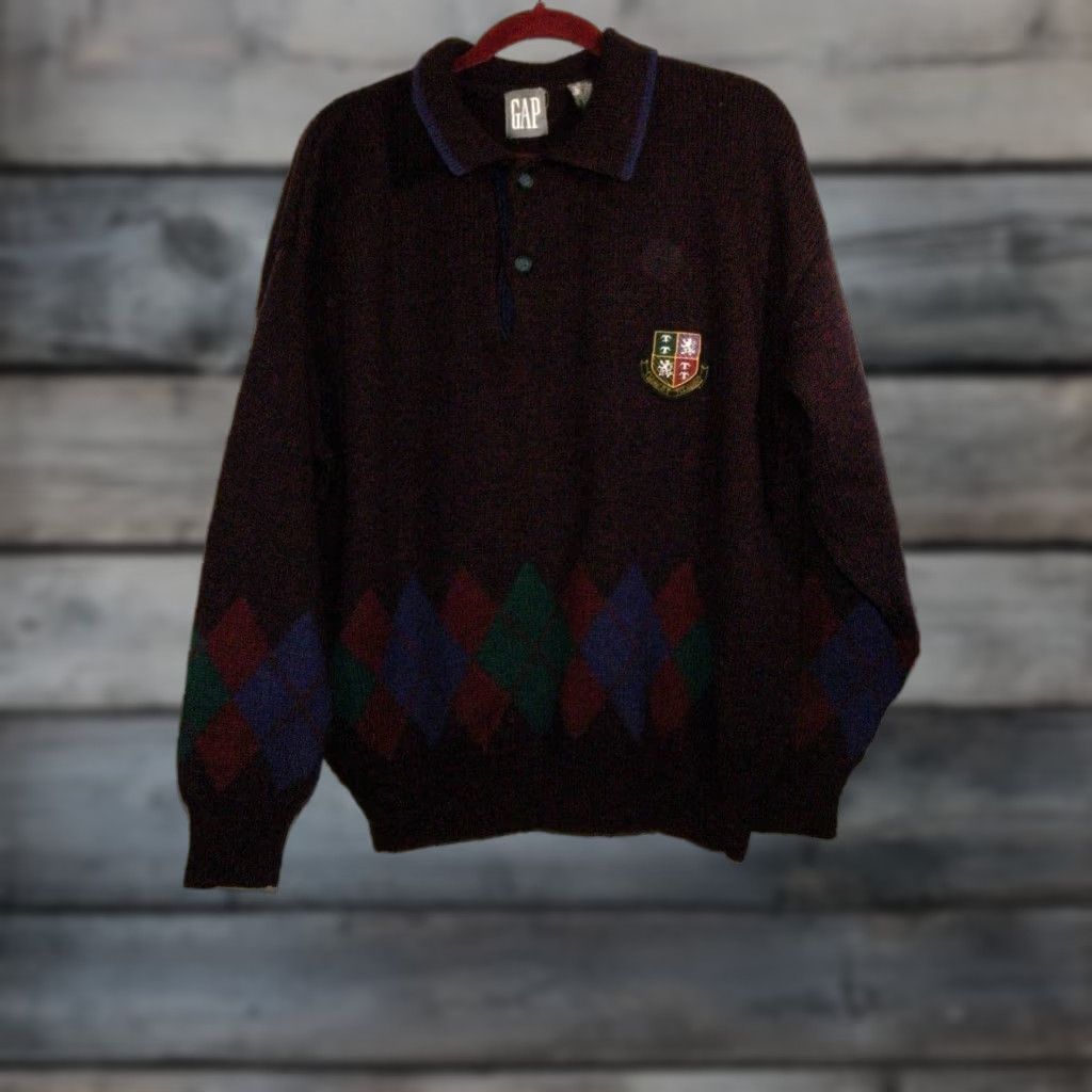 Vintage Gap Wool Pullover Sweater Men L Heather Burgundy Argyle