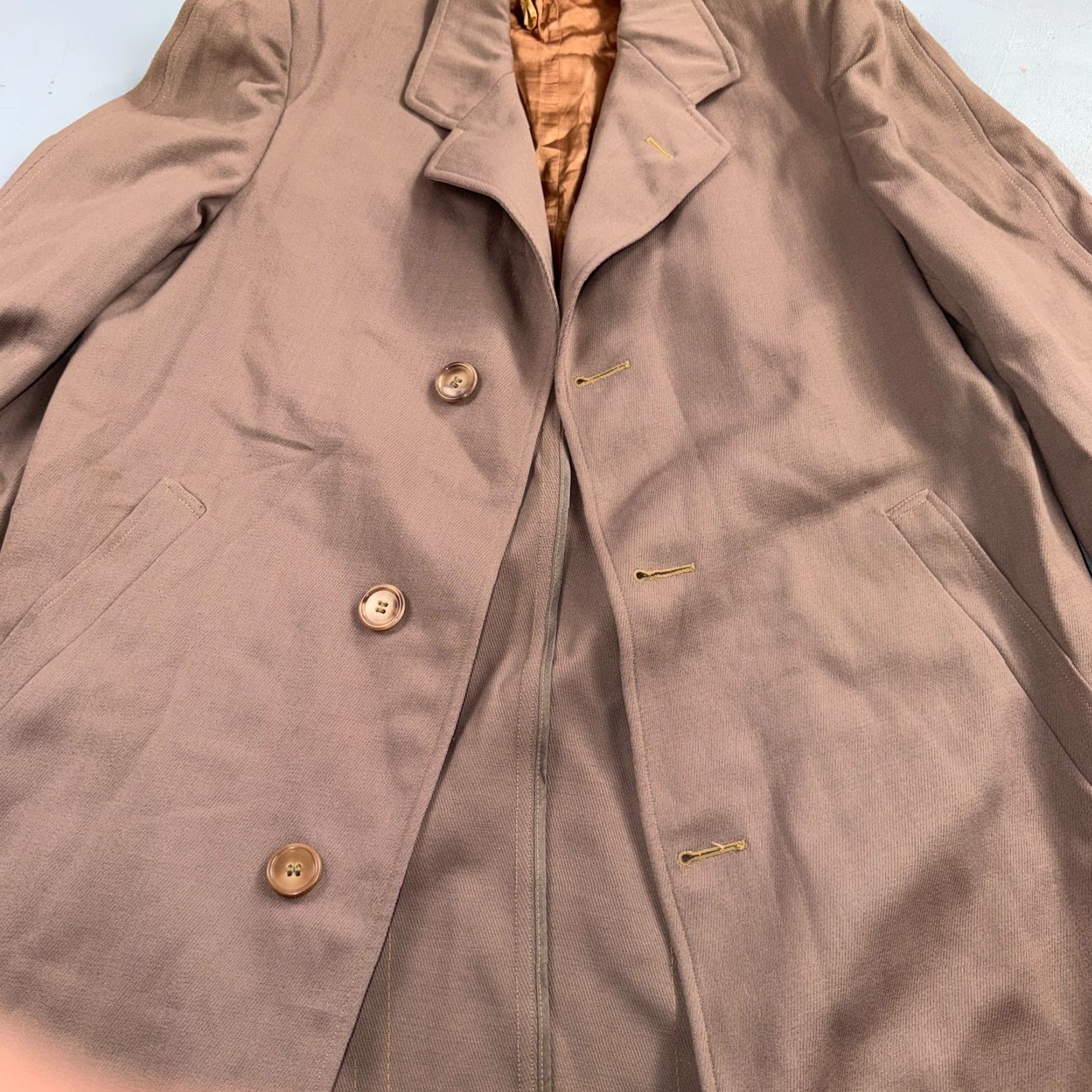 Vintage VTG Coat Trench Mens 40 Wool Gabardine Like Rockabilly Overcoat Coat Long Beige 1940s 1930s Vintage Mens Retro Overcoat Size US XXS / EU 40 - 7 Thumbnail
