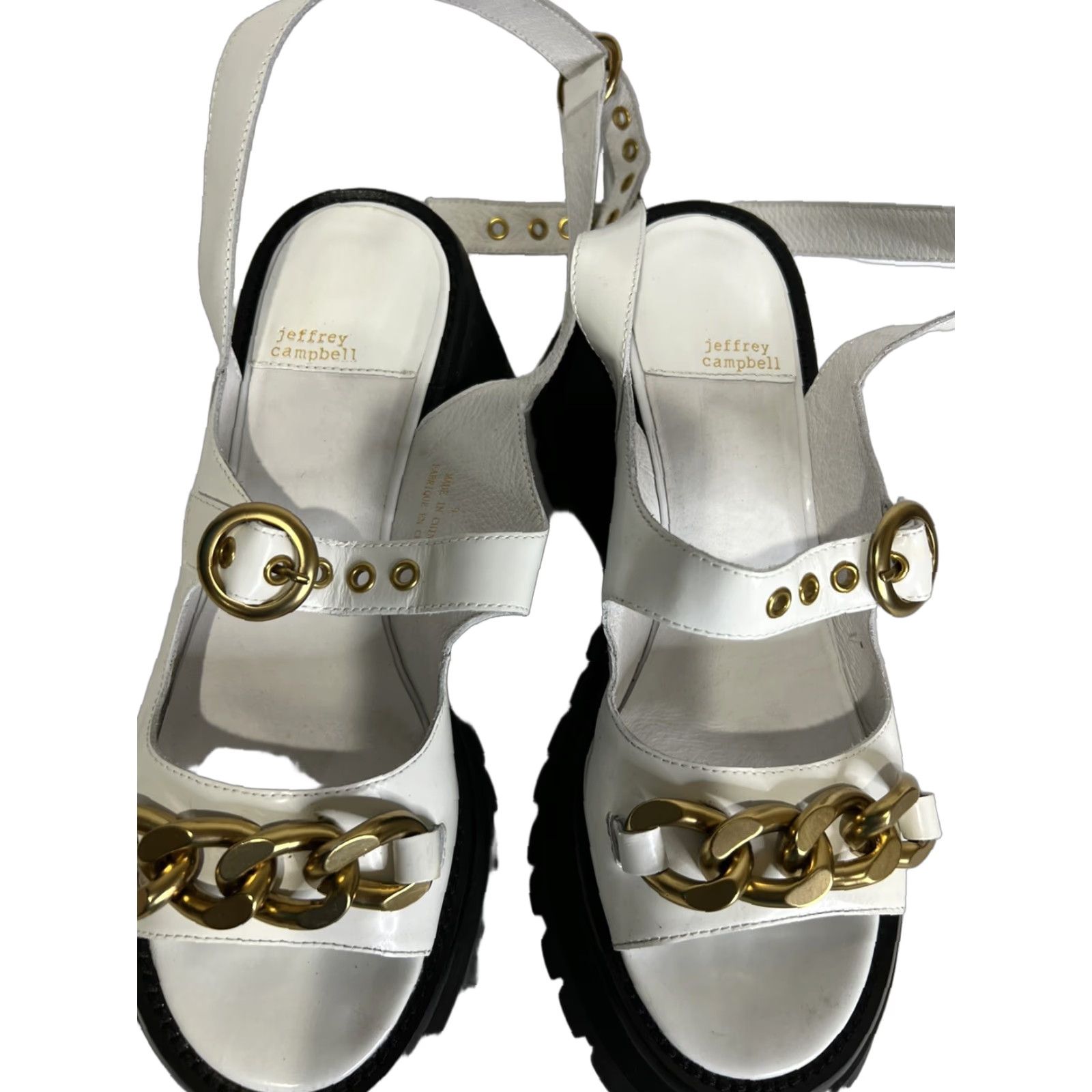 Jeffrey Campbell White Platform Sandals Leather Gold Chains Chunky Sz 6 Heavy