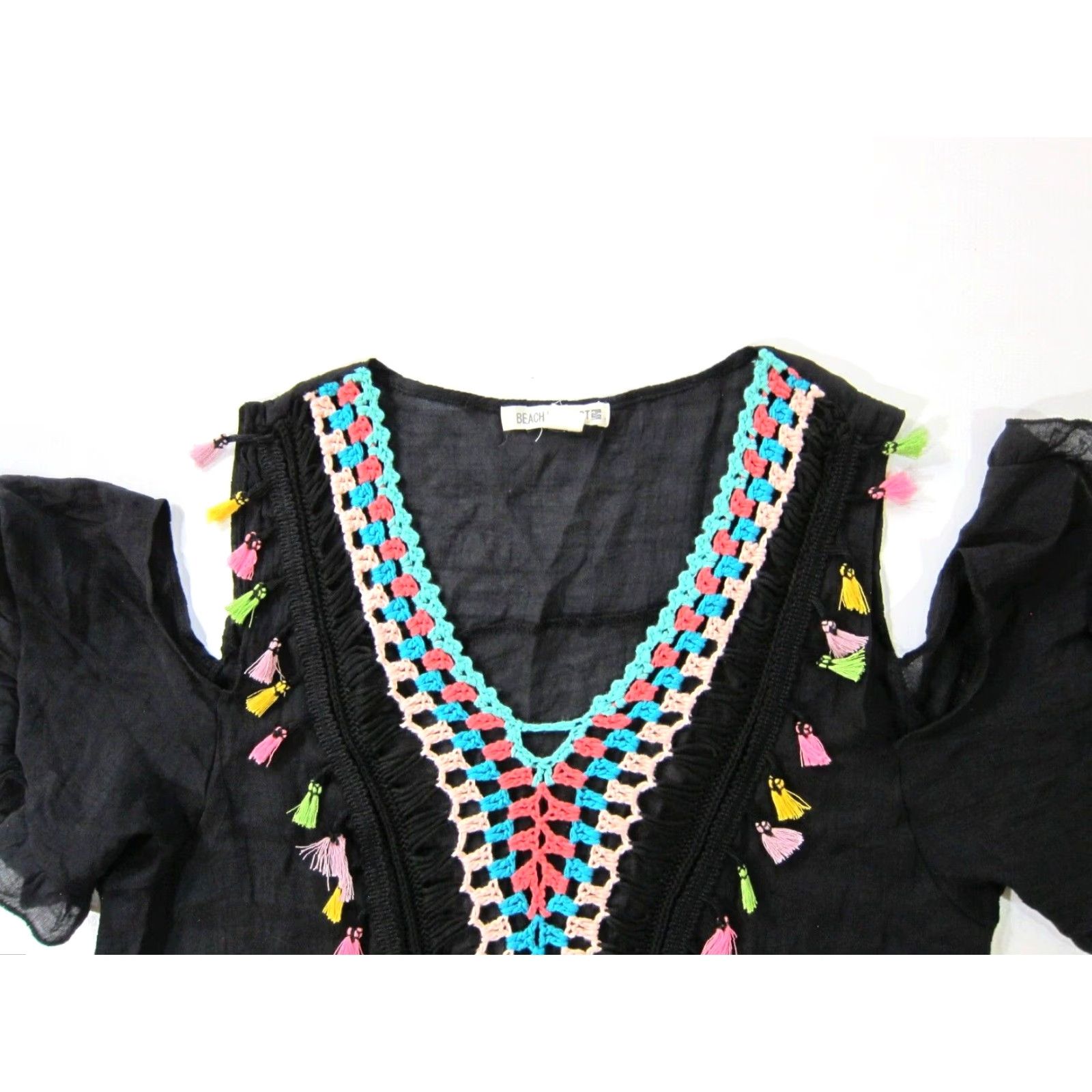 Vintage Beach By Exist Black Sheer Rayon Knit Tassel Off Shoulder Cover Tunic Dress S/M Size M / US 6-8 / IT 42-44 - 3 Thumbnail
