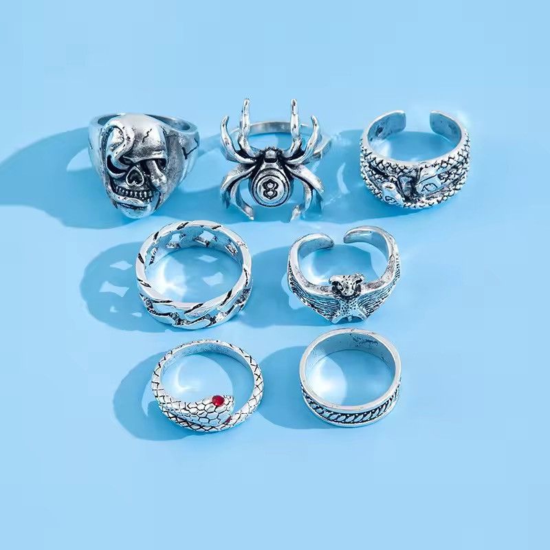 Jewelry 7 pieces /Set Creative Skull Head Poker Bat Rings Size ONE SIZE - 2 Thumbnail
