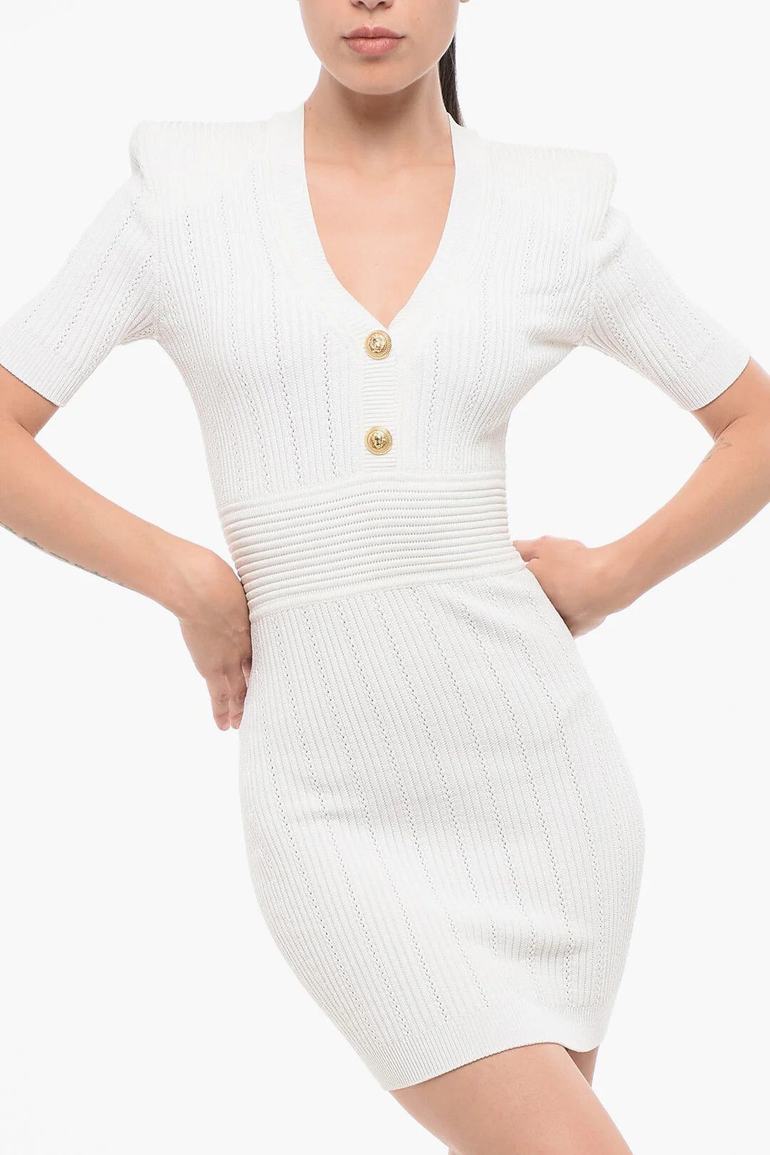 Balmain og1mm0326 Short-Sleeved Mini Dress in White Size S / US 4 / IT 40 - 4 Thumbnail