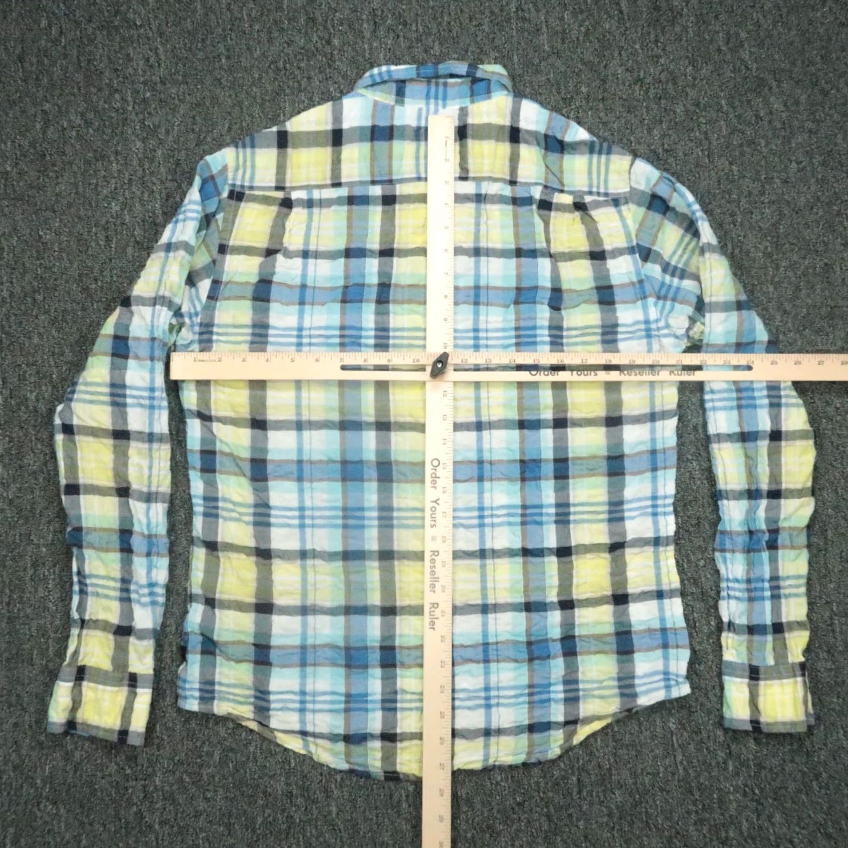 Relwen Relwen Shirt Mens Medium Blue Yellow Plaid Lightweight Long Sleeve Button-Up Seersucker Regular Fit Cotton Spandex Casual Mens Size US M / EU 48-50 / 2 - 4 Thumbnail