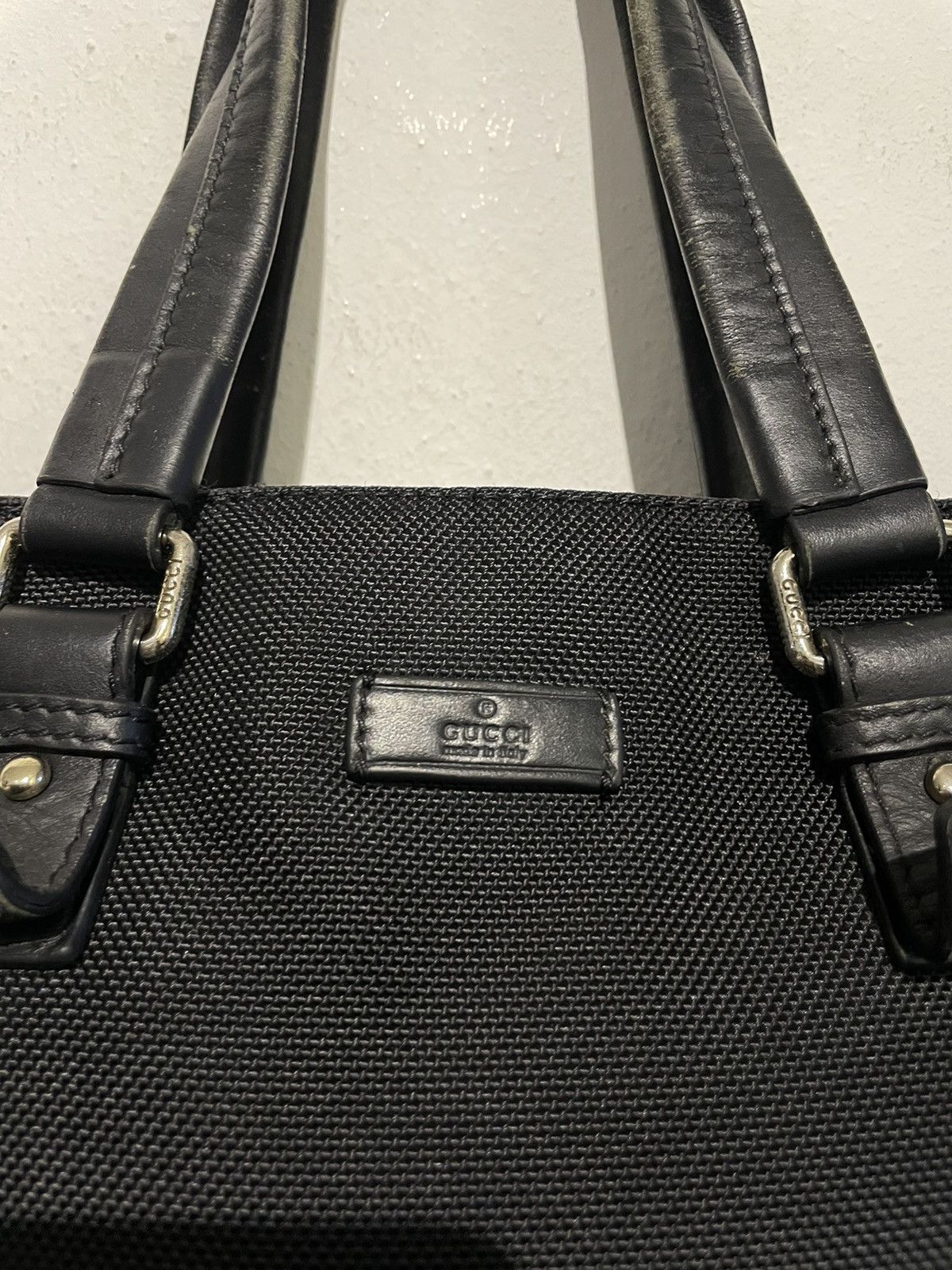 GUCCI BLACK FABRIC TOTE BAG WITH LEATHER HANDLES