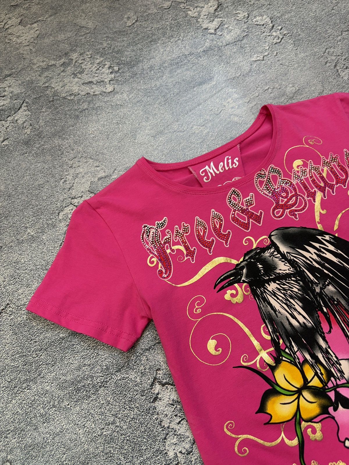 Other Melis Cyber Y2K Skull & Rose Rhinestone Tattoo Tee Large Size L / US 10 / IT 46 - 10 Thumbnail