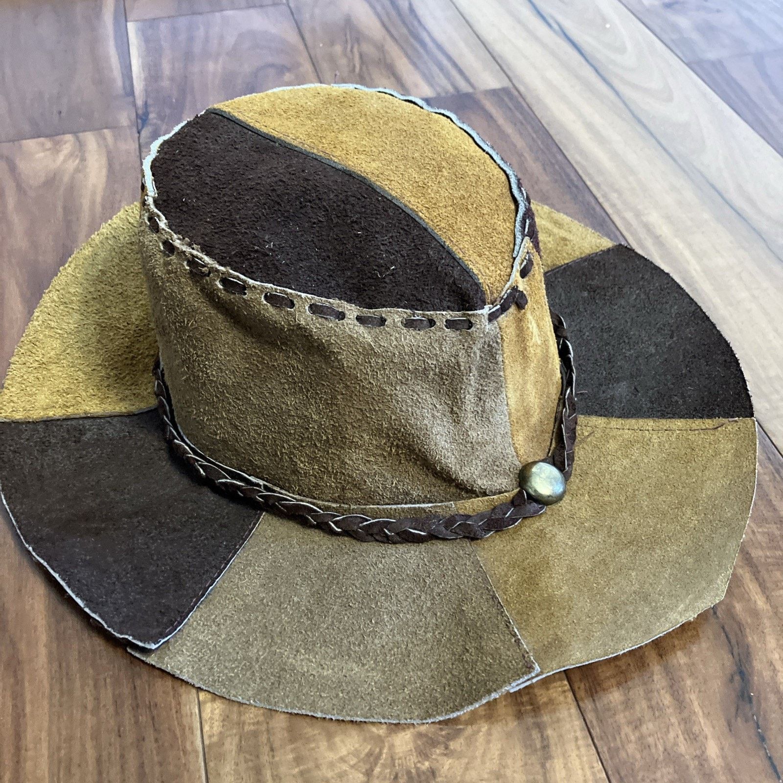 Other Vtg Suede Leather Patchwork Hat Hippie Boho 1970s Cowgirl Size ONE SIZE - 2 Thumbnail