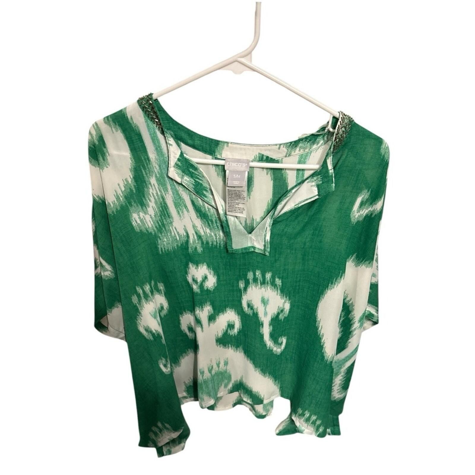Chicos Chico's Green and White Ikat V-Notch Tunic Size M / US 6-8 / IT 42-44 - 1 Thumbnail