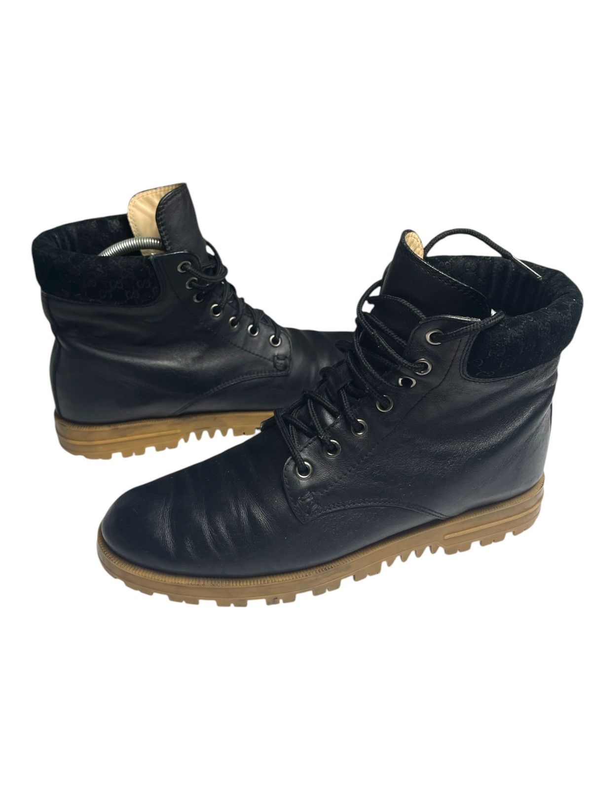 Designer × Gucci GUCCI lace up leather black boots monogram 39 Size US 8 / IT 38 - 1 Thumbnail