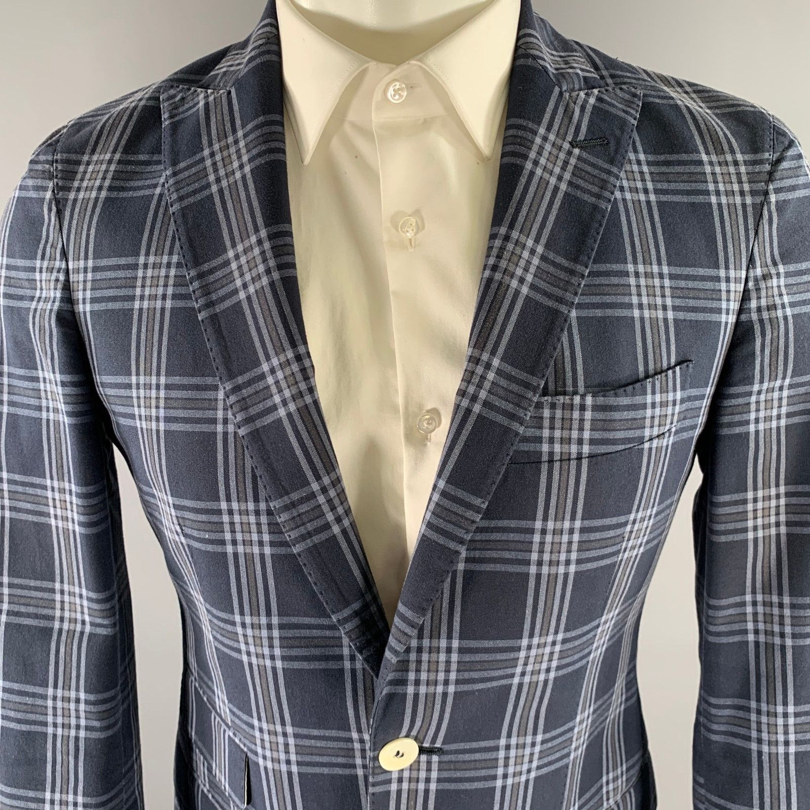 Michael Bastian MICHAEL BASTIAN 36 Navy Plaid Cotton Peak Lapel Sport Coat Size 36R - 2 Thumbnail
