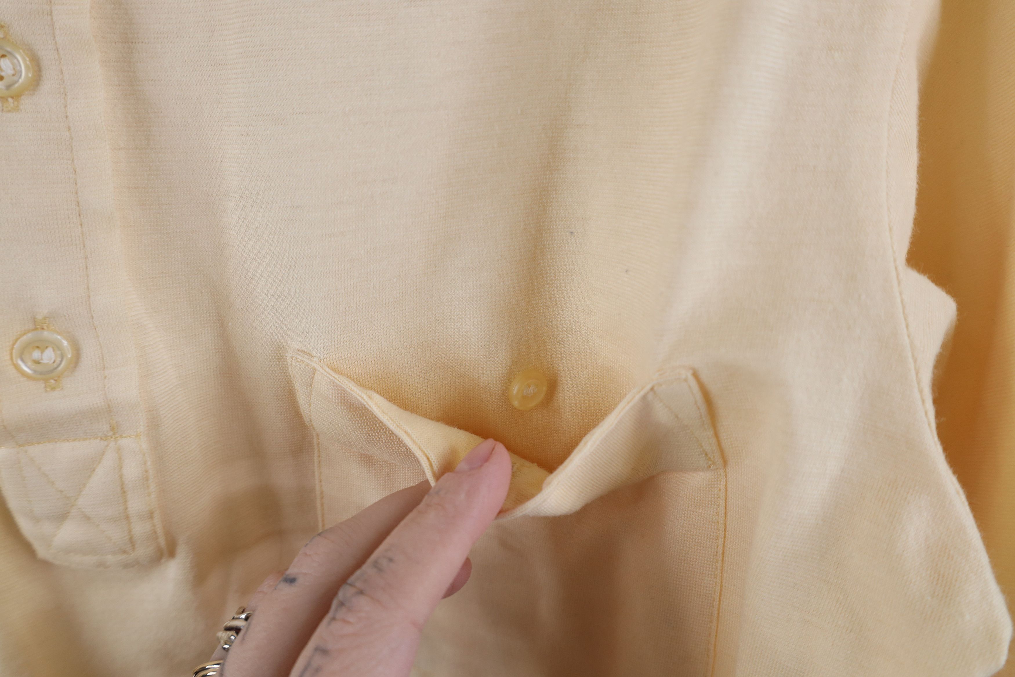 Vintage Vintage 70s Streetwear Sheer Knit Collared Polo Pale Yellow Size US M / EU 48-50 / 2 - 6 Thumbnail
