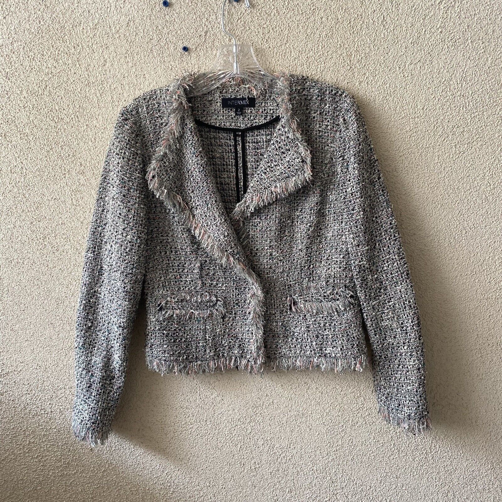 INTERMIX Intermix Womens Jacket Black White Fringed Tweed Blazer Fray Size XS / US 0-2 / IT 36-38 - 1 Thumbnail