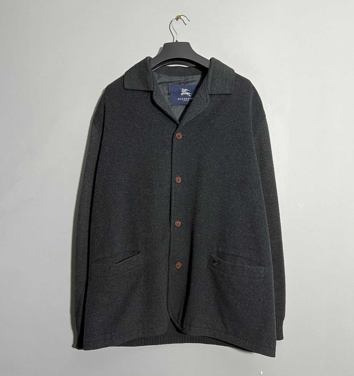 Burberry × Vintage Burberry Wool Gray Jacket Knit Sleeve Coat Size US L / EU 52-54 / 3 - 1 Thumbnail
