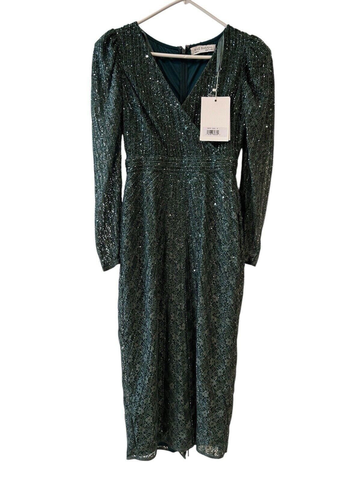 Designer NWT Mac Duggal Long Sleeve Beaded Lace Sequin Green Dress 4 Size S / US 4 / IT 40 - 3 Thumbnail