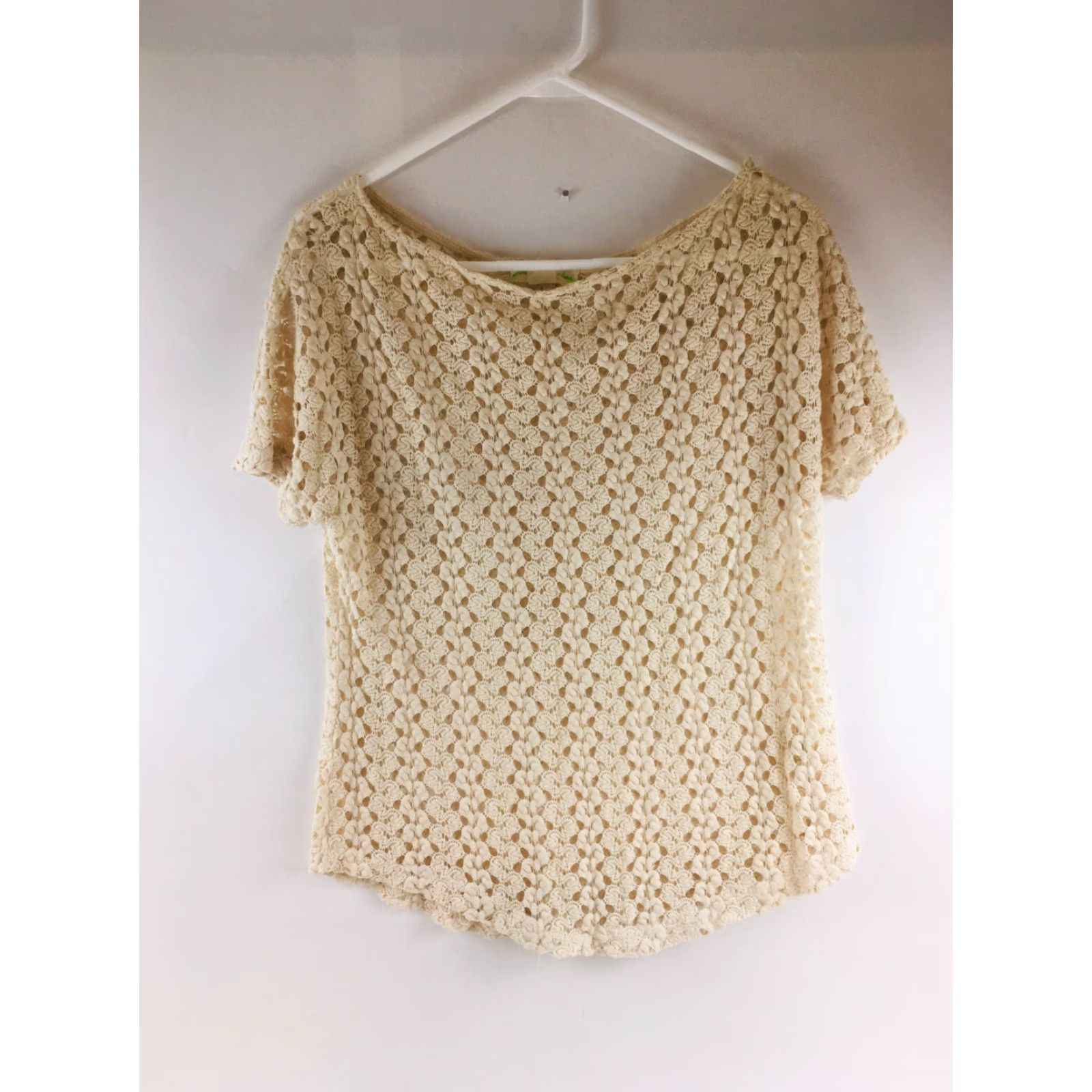 Vintage Staring at Stars Shirt Women XS Ivory Round Neck Short Sleeve Crochet Vintage: No Size XS / US 0-2 / IT 36-38 - 2 Thumbnail