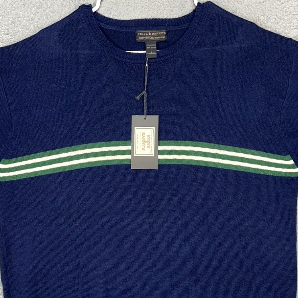 Vintage VINTAGE? No. Steve Barrys Crew Neck Sweater Mens Large Navy 2 Striped Pullover Knit Adult L Blue Cotton Size US L / EU 52-54 / 3 - 2 Thumbnail