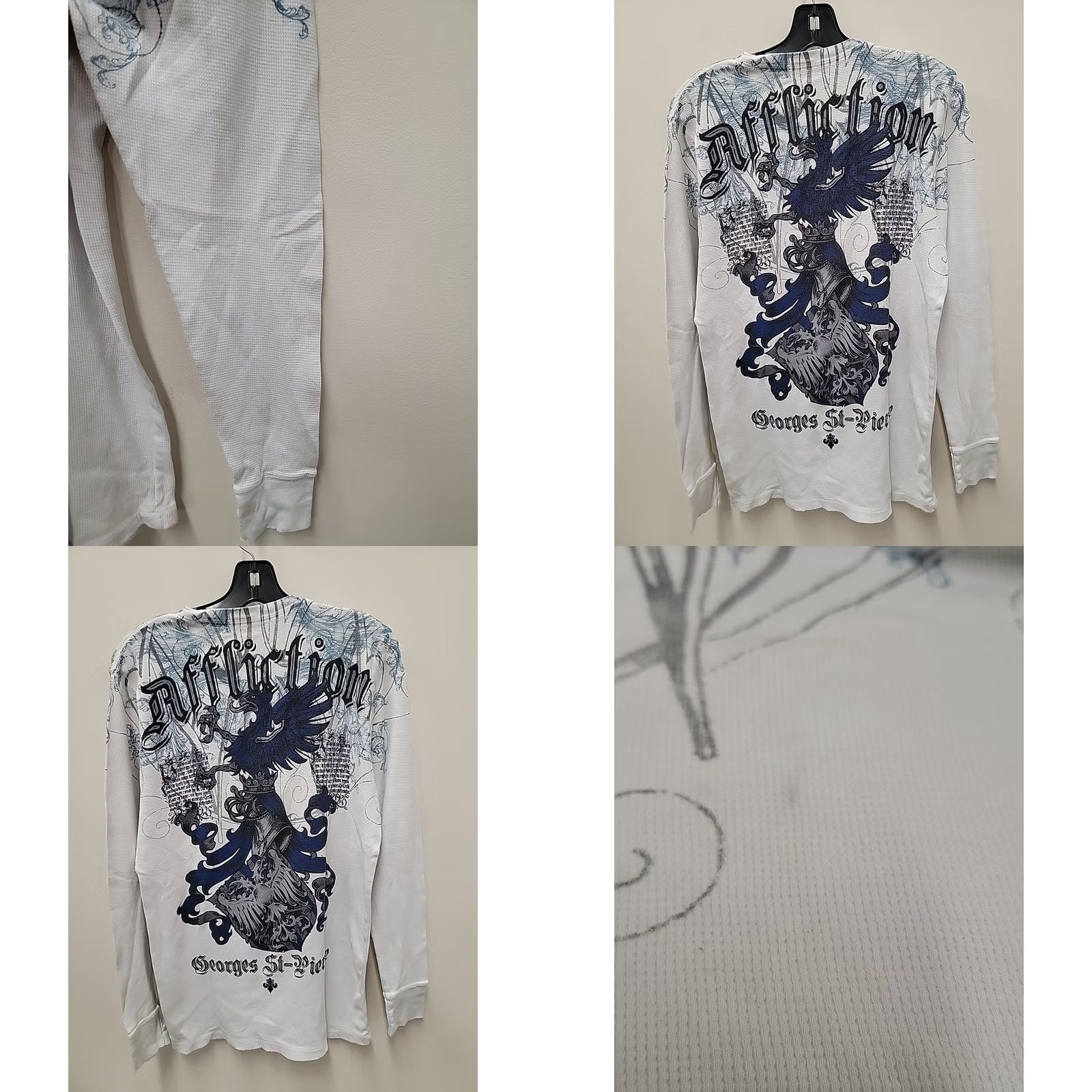 Affliction VINTAGE Affliction Shirt Mens L Thermal Knit Graphic Print Crew Neck White 20.5 Chest 30.5 Length Grunge Gothic Size US L / EU 52-54 / 3 - 8 Thumbnail