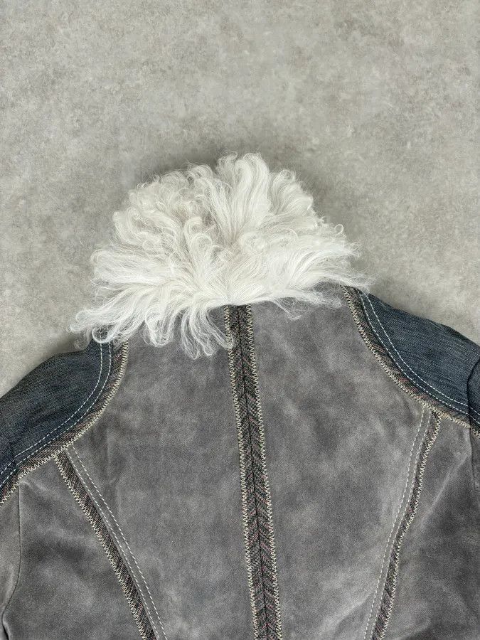 Roberto Cavalli AW2005 Cavalli Mongolian Fur Grey Leather & Blue Denim Jacket Size M / US 6-8 / IT 42-44 - 9 Thumbnail