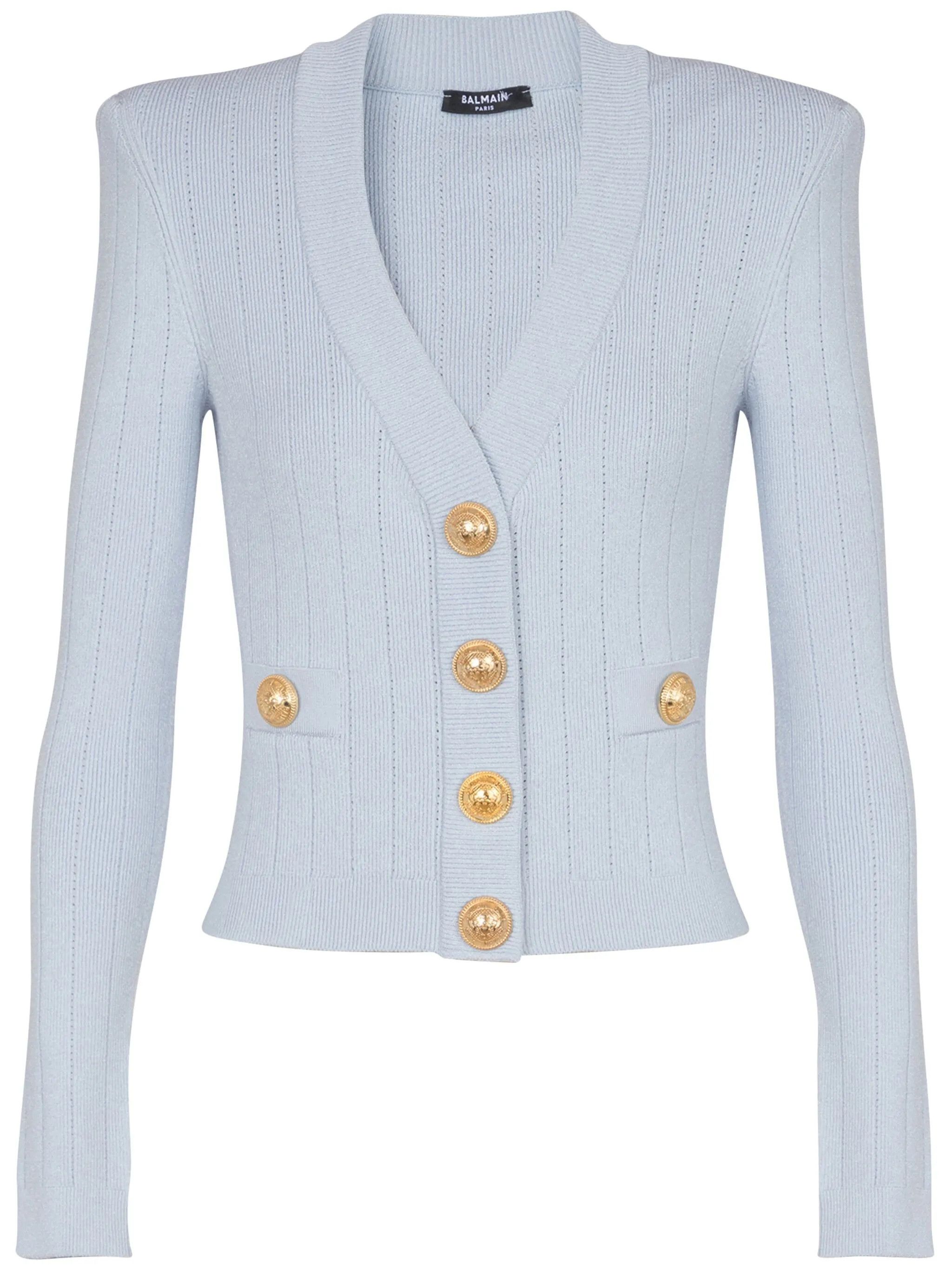 Balmain o1srvl11e1125 Engraved Button Cardigan in Light Blue Size L / US 10 / IT 46 - 1 Thumbnail