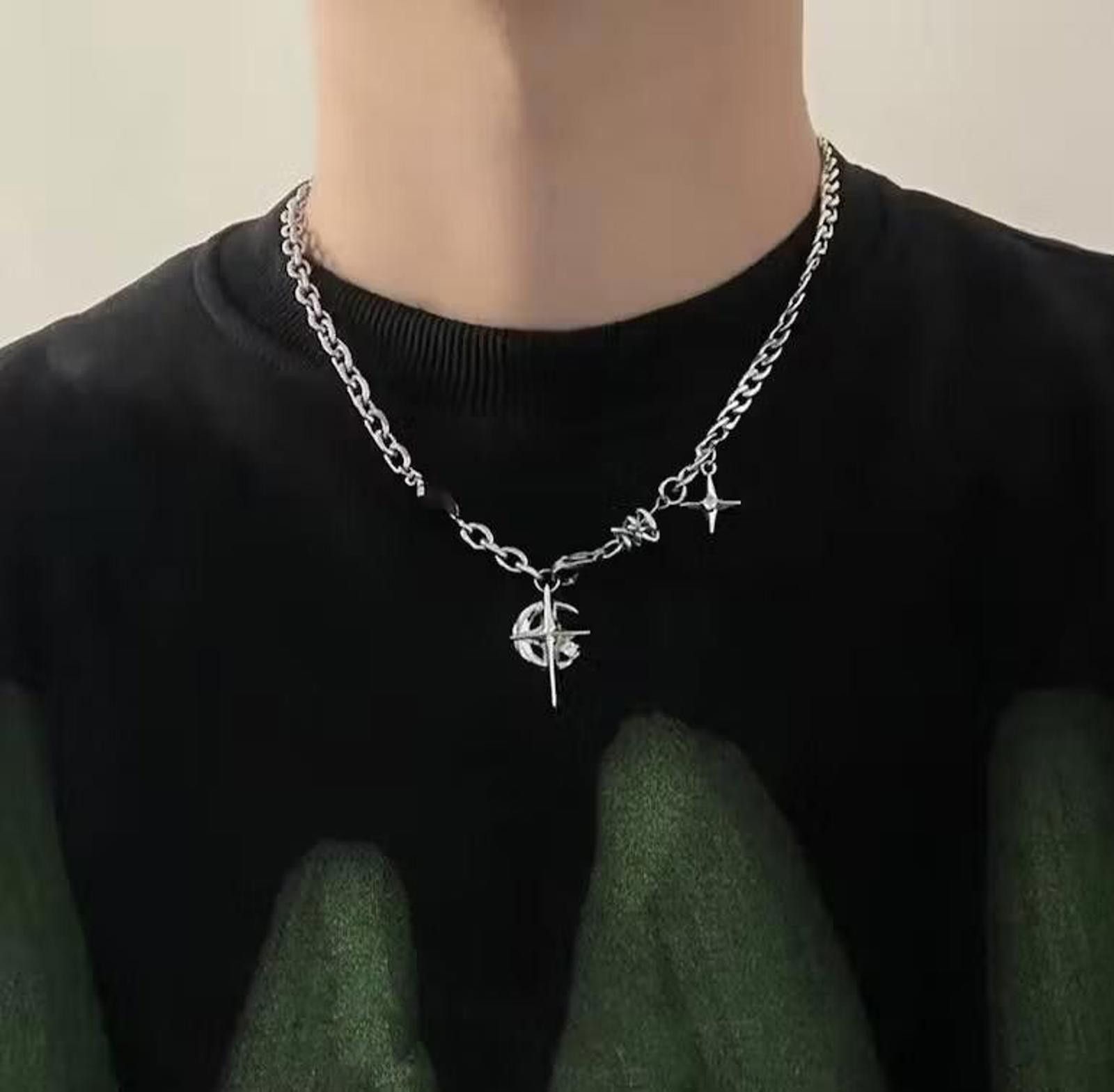 Jewelry Unisex Eboy Punk Silver Double Layer Crescent Pendant Chain, Men's
