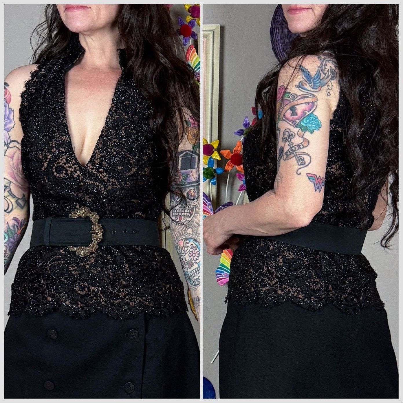 Handmade × Vintage 1970s Black Floral Lace Overlay Sleeveless V-Neck Top Size M / US 6-8 / IT 42-44 - 3 Thumbnail