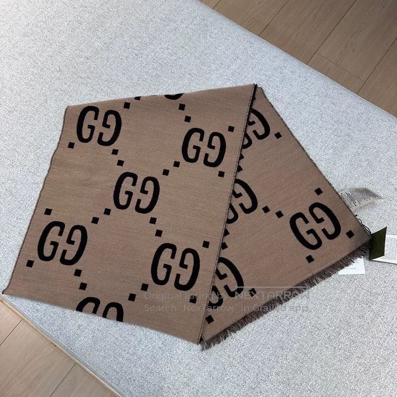 Gucci Gucci Double G jacquard caramel khaki double-sided wool sc Size ONE SIZE - 4 Thumbnail