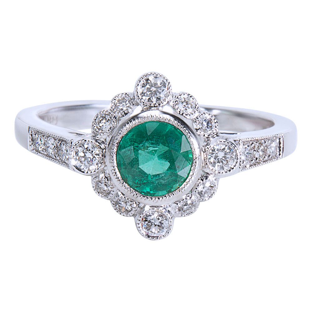 image of Tiffany Co Diamond & Emerald Vintage Style Ring 18K White Gold (0.87 Ctw), Women's