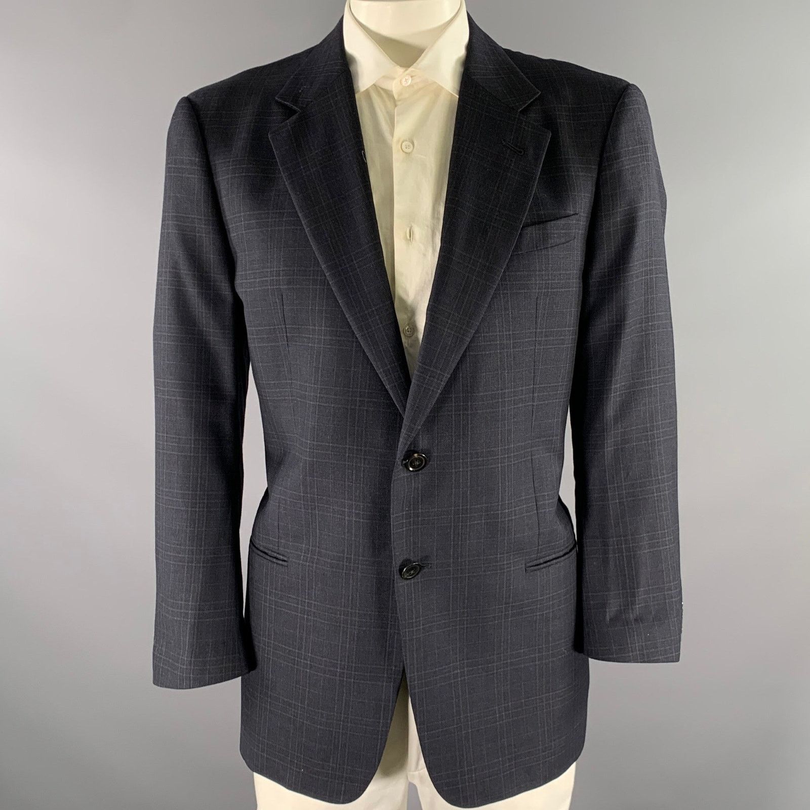 Armani Collezioni ARMANI COLLEZIONI 44 Navy Plaid Wool Notch Lapel Sport Coat Size 44R - 1 Thumbnail