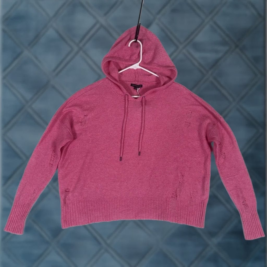 American Eagle Outfitters VINTAGE American Eagle Sweater Womens S Pink Distressed Fringe Hooded Oversized Knit Pullover Size S / US 4 / IT 40 - 1 Thumbnail