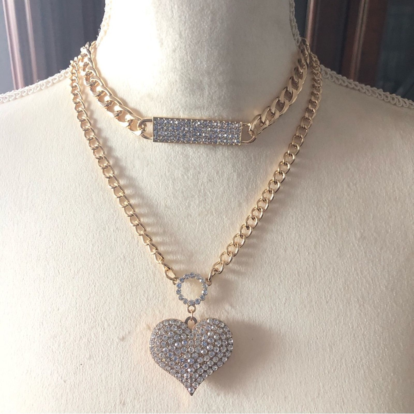 Jewelry European style two piece clear stone gold necklace set NEW Size ONE SIZE - 3 Thumbnail