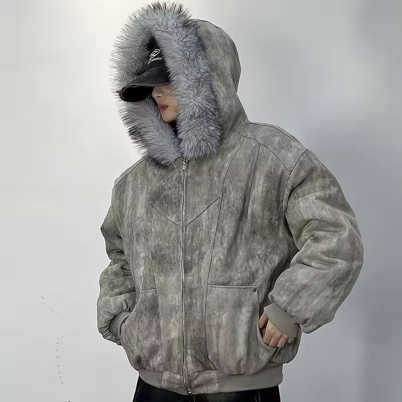 Japanese Brand Distressed Acid-Wash Bomber Jacket - Faux Fur Hood Size US XXL / EU 58 / 5 - 1 Thumbnail