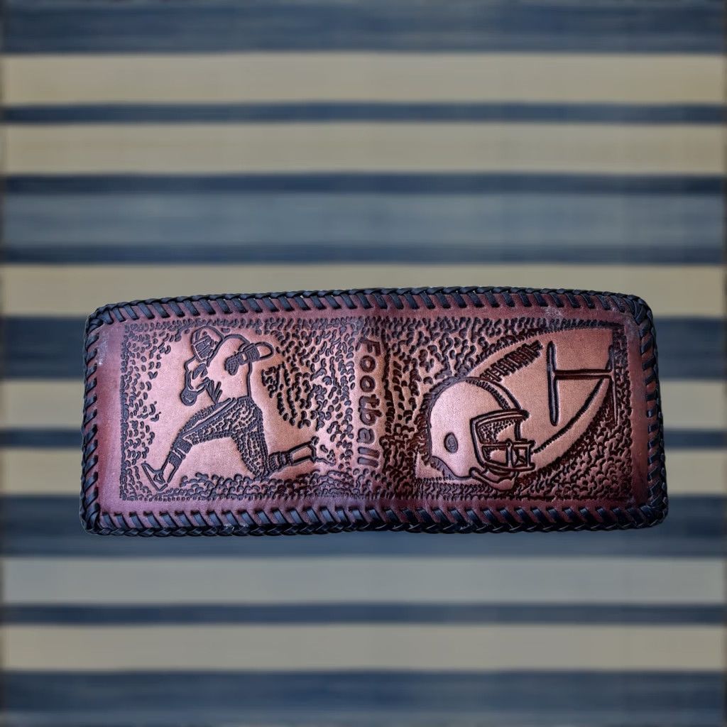 Vintage VINTAGE Leather Wallet Fish Football Sports Hand Tooled Whipstitch USA Brown Wallet Men Bifold USA Football Handcrafted Size ONE SIZE - 1 Thumbnail