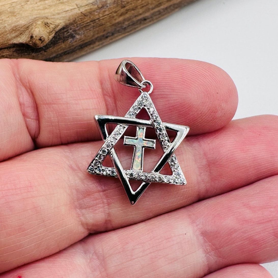 The Unbranded Brand Sterling Silver Star of David Lab Opal Cross CZ Pendant Size ONE SIZE - 6 Thumbnail