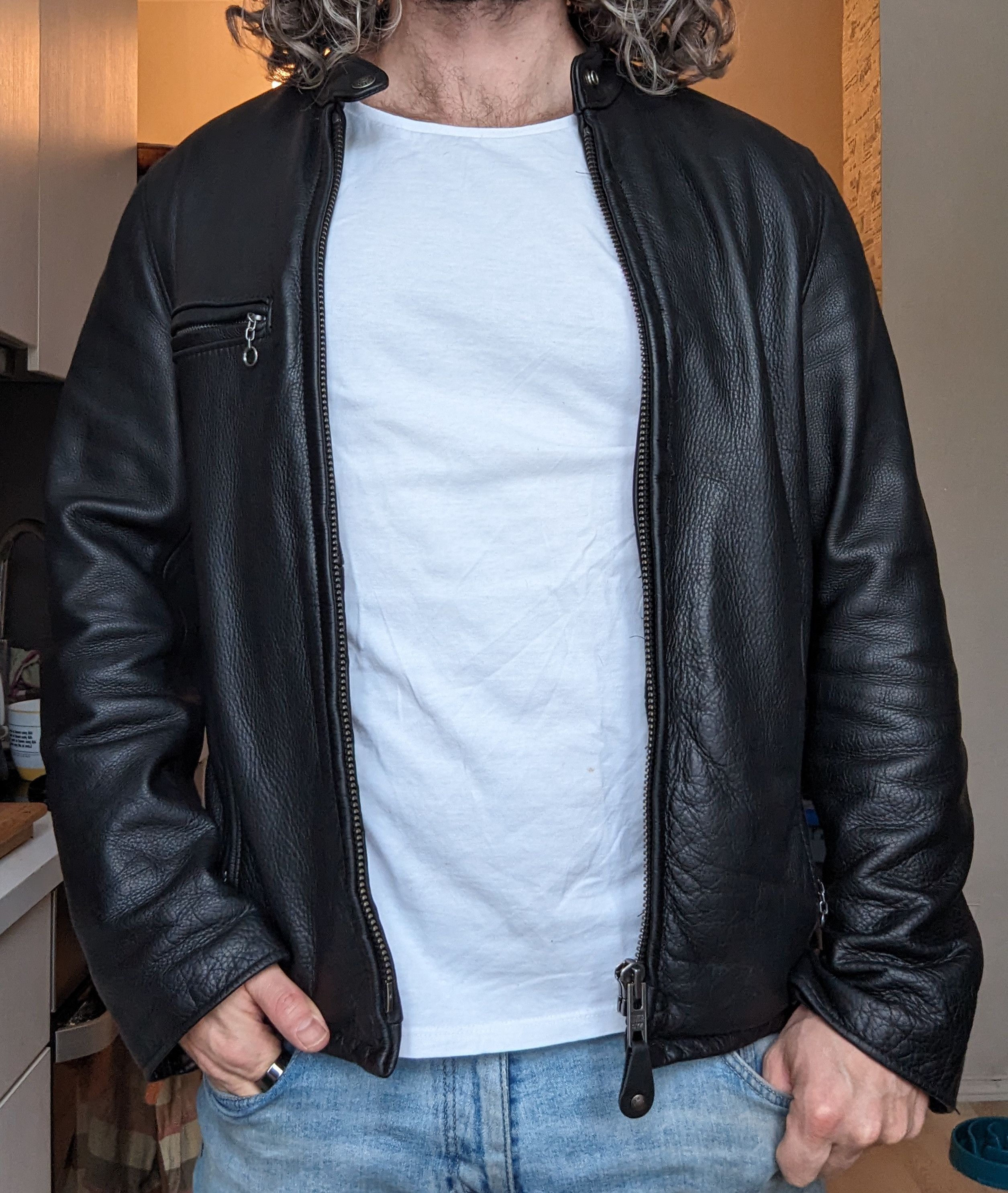 image of Schott 530 Waxed Natural Pebbled Cowhide Café Leather Jacket in Black, Men's (Size Medium)