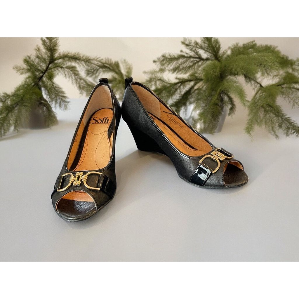 The Unbranded Brand Sofft Shoes Black Wedge Heels Leather Slip-On Heel Sz 6.5 M Size US 6.5 / IT 36.5 - 4 Thumbnail