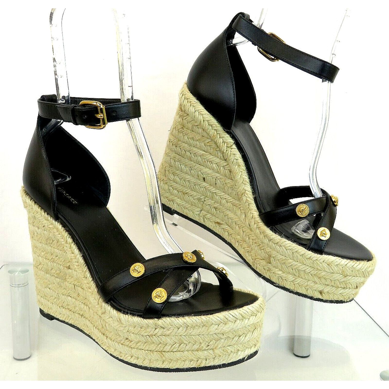 VERSACE BLACK LEATHER GOLD MEDUSA LOGO SANDAL ESPADRILLES 40