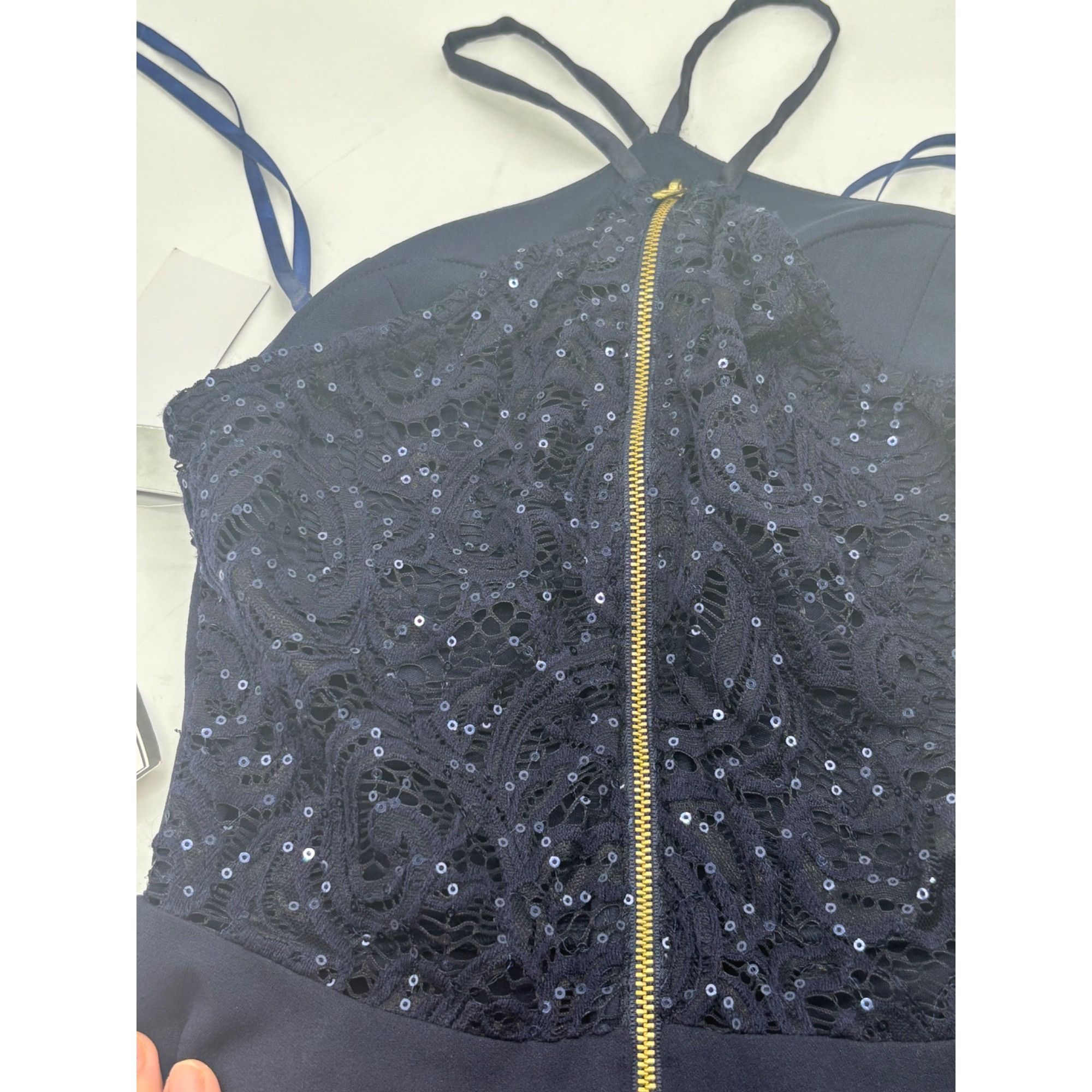 Other Sequin Hearts Juniors' Sequined Lace-Back Scuba Dress, Navy, Size ONE SIZE - 9 Thumbnail