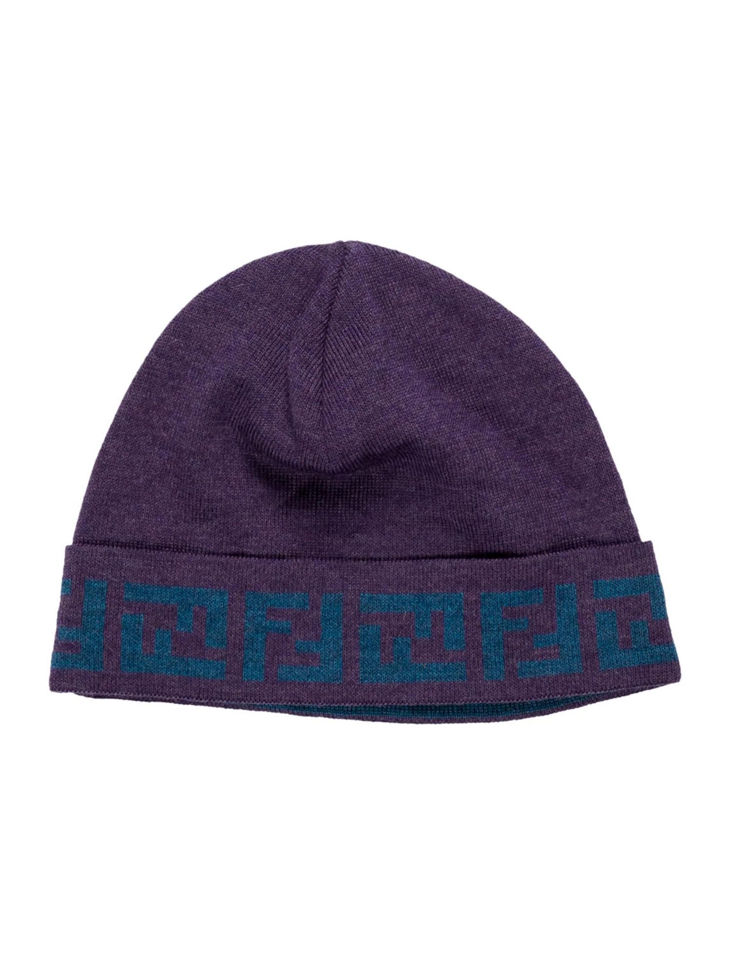 🔴 FENDI Hat Wool Purple Blue Zucca FF Logo Beanie